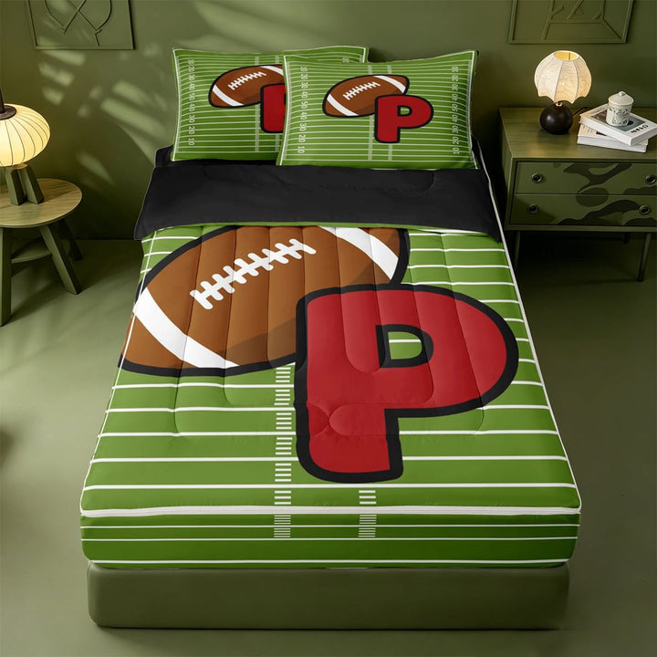 meiyoeat Sport Theme ABC Alphabet Zipper Full Size Comforter Sets with Fitted Sheet and 2 Pillowcases For Rugby Lovers,Football Initial Letter P Zipper Bedding Set Boys,4-Piece
