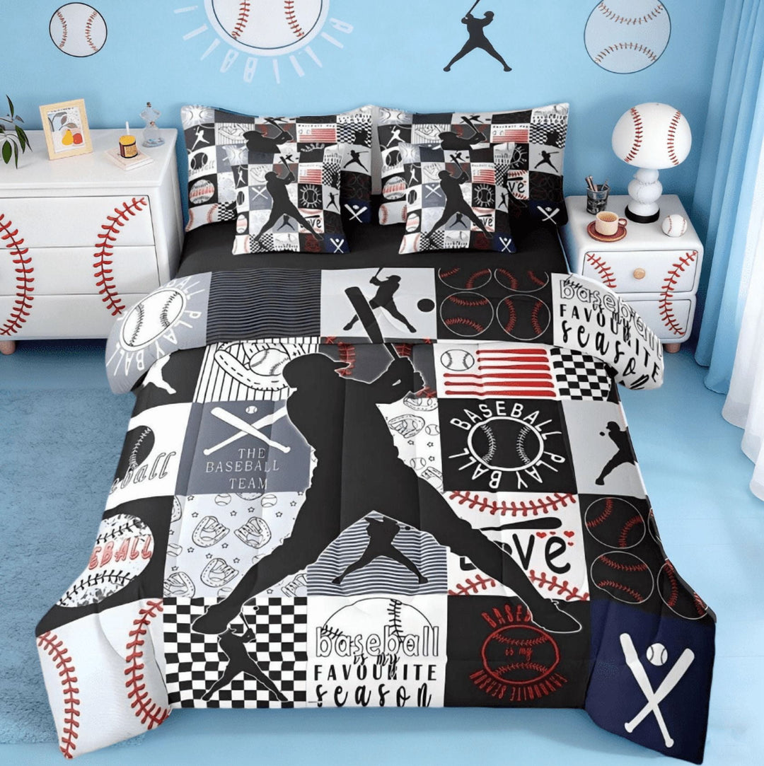 Manfei Boys Baseball 7 Pieces Bedding Comforter Set,Ball Sports Baseball Games Full Bedding Set For Teen European Softball Player Fan Reversible