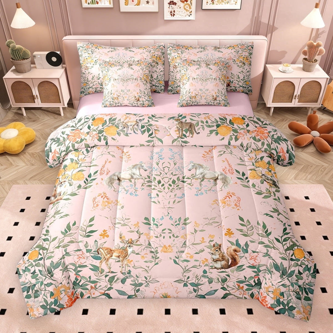Erosebridal Vintage Floral Twin Bedding Sets, Wild Horse Moose Squirrel Bedding Comforter Set, Pink Reversible, 7-Piece