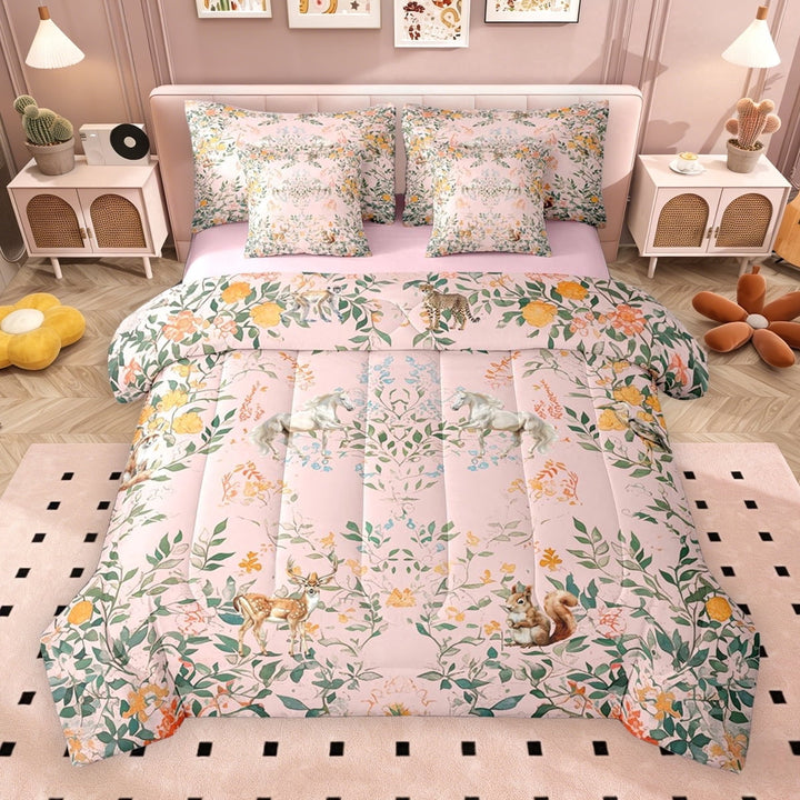 Erosebridal Vintage Floral Twin Bedding Sets, Wild Horse Moose Squirrel Bedding Comforter Set, Pink Reversible, 7-Piece
