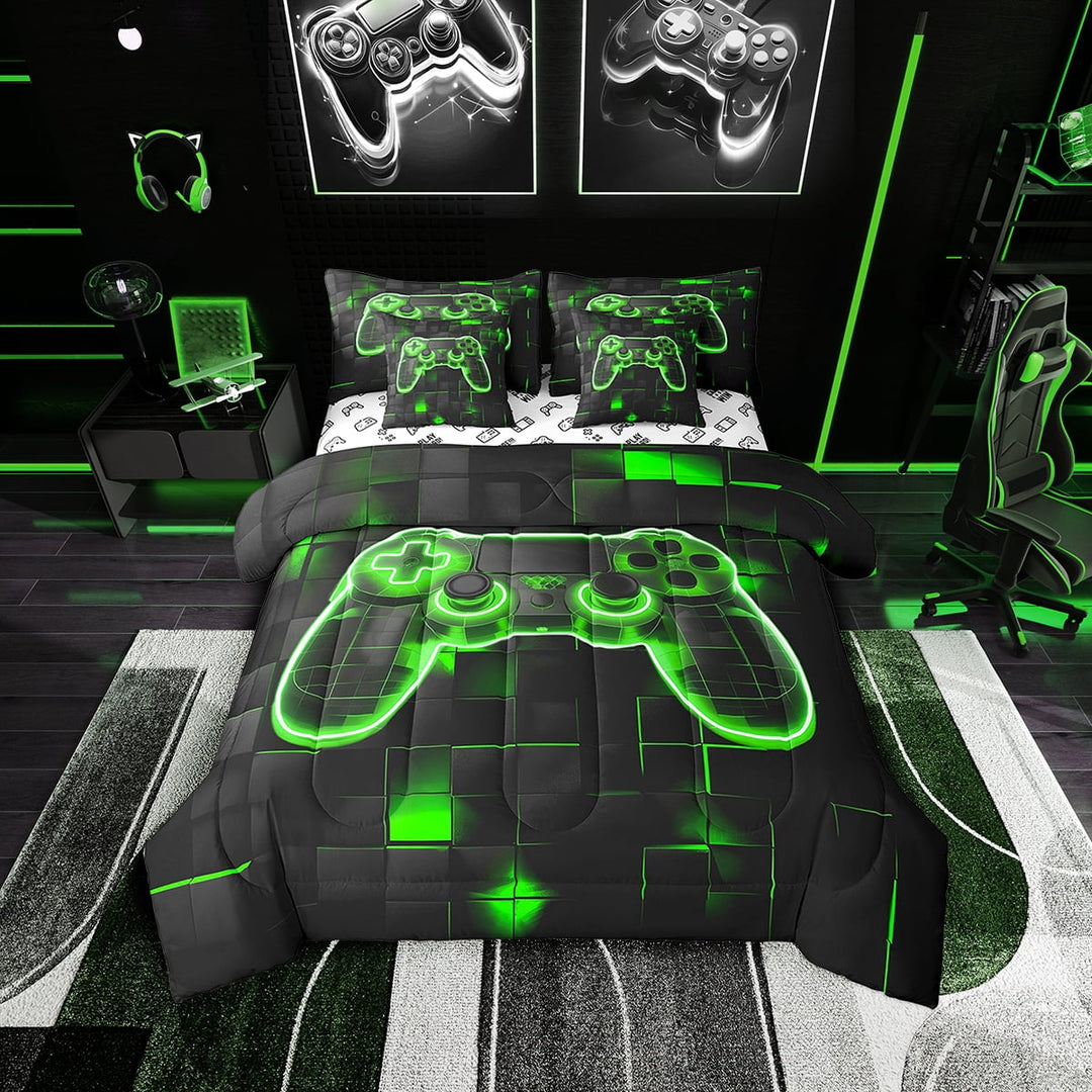 Erosebridal Geometric Comforter Set 7 Piece Video Gaming Bedding Sets Gamer Bedroom Decor Twin Size(1 Comforter,2 Pillowcases,1 Flat Sheet,1 Fitted Sheet,2 Throw Pillow Covers)