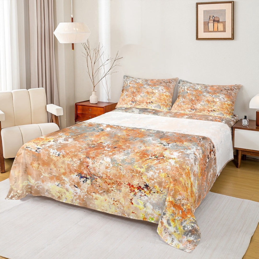 jejeloiu Minimalism Graffiti Queen Sheet Sets,Geometric Oil Painting Flat Sheet,Orange Gray Ombre Queen Fitted Sheet For Girl Boys,Luxury Bedroom Decor,4 Pieces