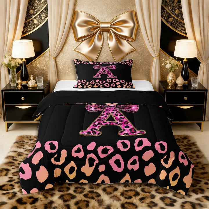 Erosebridal Teens Bow Letter Monogrammed A Twin Comforter Sets 3-Piece,Bling Glitter Print Gradient Leopard Print Bedding Set for Girls Women,Black Reversible,Breathable Home Decor