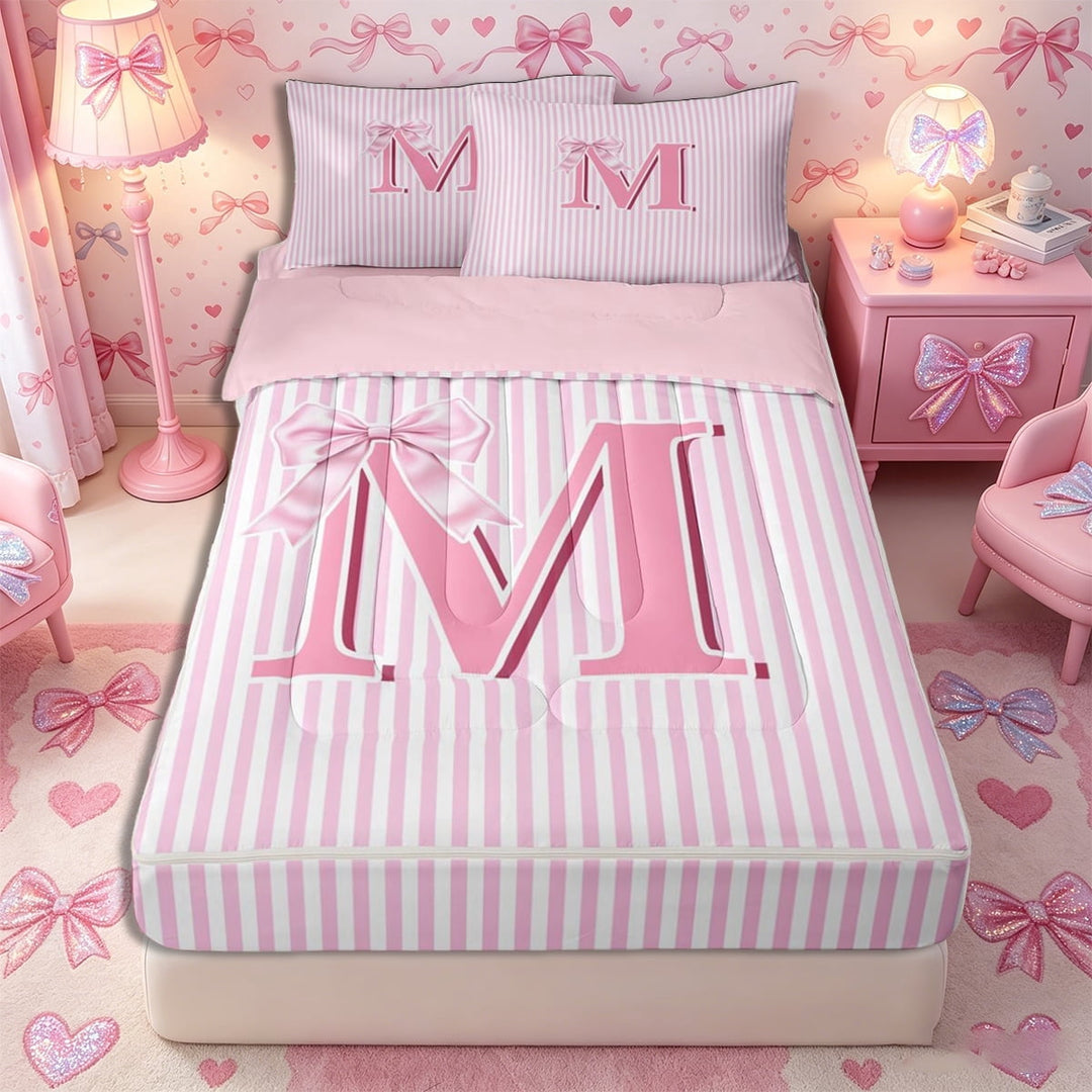 Meiyoeat Lovely Bow Letter M Zipper Twin Comforter Sets with Fitted Sheet and 2 Pillowcases for Girls Teens, Gentle Stripe Zipper Bedding Set, Light Pink White,4-Piece,Pink Reversible
