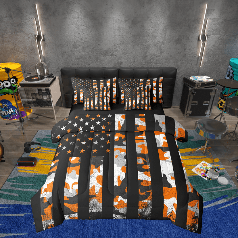 Erosebridal Orange Camouflage Bedding Sets Twin Size, Tie Dye Camo Comforter Sets with Sheets, Retro US Flag Decor, Reversible 7pcs