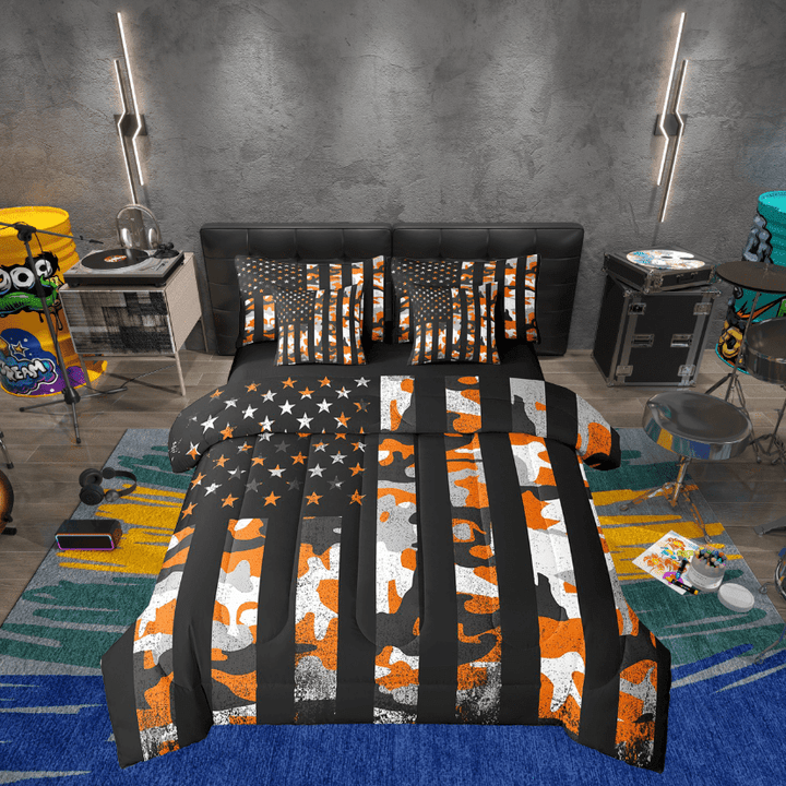 Erosebridal Orange Camouflage Bedding Sets Twin Size, Tie Dye Camo Comforter Sets with Sheets, Retro US Flag Decor, Reversible 7pcs