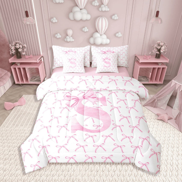 Erosebridal Letter Bow Bedding Sets Twin Size,Monogrammed Initial Comforter Sets with Sheets,Dreamy Room Decorative,Reversible,7pcs