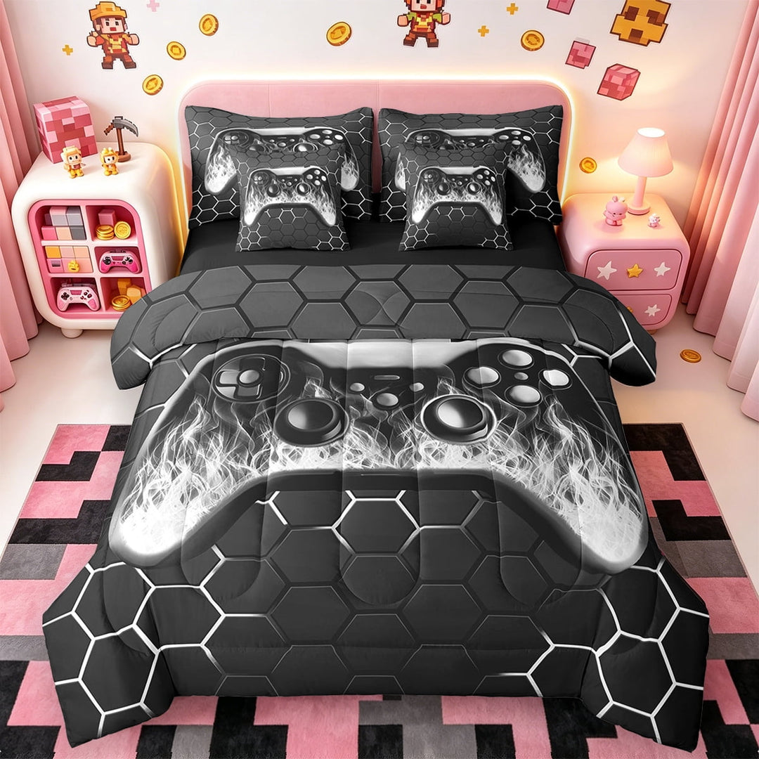 Manfei Gaming Bed in a Bag Twin Size,Geometric Hexagon Bed Set,Gradent Black Silver Bedding Twin Size For Boy,Microfiber Room Decor Reversible,7 Pieces