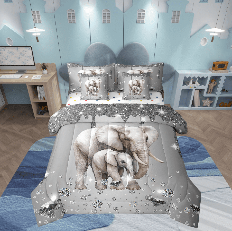 Elephant Comforter Set 7 Piece Bed in a Bag Twin,Sliver Sequin Fluid Art Bedding Set,Crystal Diamond Comforter and Sheet Set Safari Animals Bed Set,Jungle Wildlife Room Decor