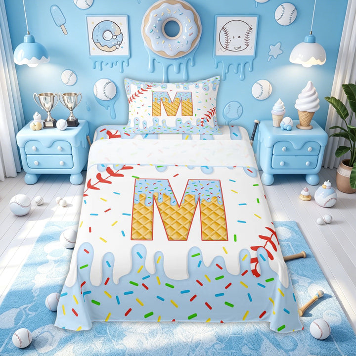Meiyoeat Sprinkle Ice Cream Baseball Full Size Sheets for Boys Girls Kids, Chic Sprot Monogram M Bed Sheets, Blue, 4pcs