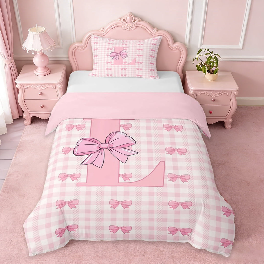 Erosebridal Letter L Monogrammed Twin Bedding,Pink Princess Bow Duvet Cover Set For Kids Girls,Pink Reversible,2 Pieces(No Comforter)
