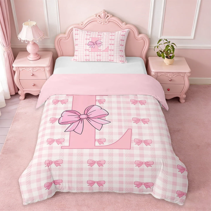 Erosebridal Letter L Monogrammed Twin Bedding,Pink Princess Bow Duvet Cover Set For Kids Girls,Pink Reversible,2 Pieces(No Comforter)