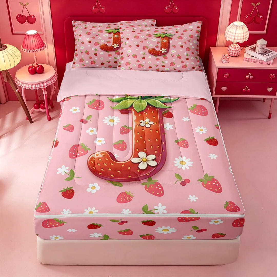 meiyoeat Red Initial Letter J Zipper Twin Comforter Sets with Fitted Sheet and 2 Pillowcases,Cute Strawberry Flowers Zipper Bedding Set For Girl,Pink Reversible,4 Pieces