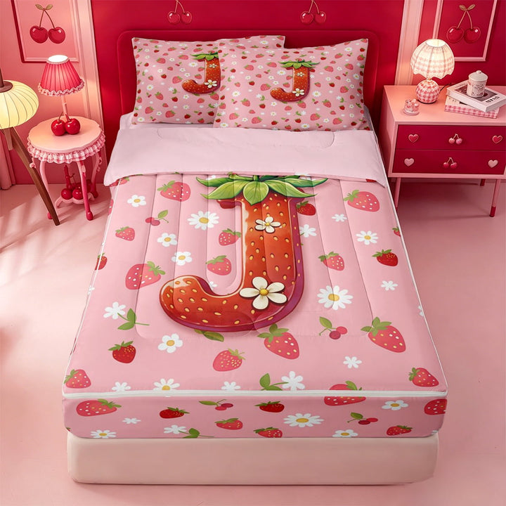 meiyoeat Red Initial Letter J Zipper Twin Comforter Sets with Fitted Sheet and 2 Pillowcases,Cute Strawberry Flowers Zipper Bedding Set For Girl,Pink Reversible,4 Pieces