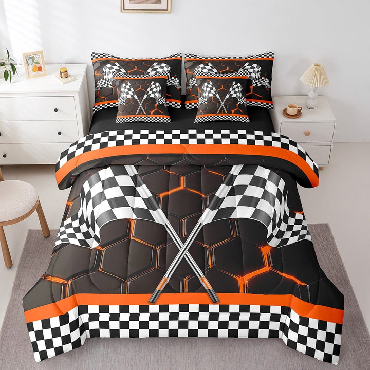 Erosebridal Sport Racing Checkered Bed in a Bag Twin size, Orange Bed Set, Chic Honeycomb Decor, Reversible 7pcs