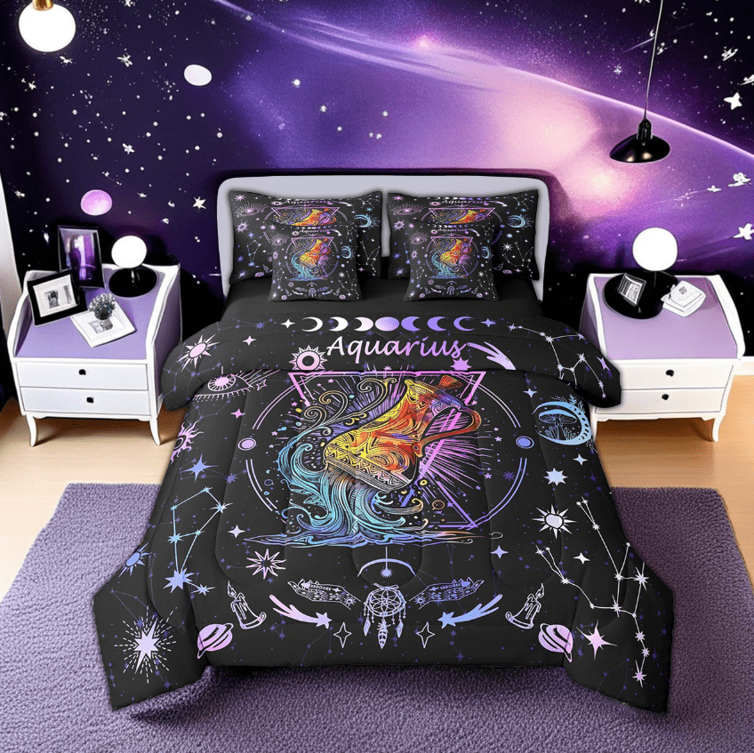Erosebridal Hippie Aquarius Bedding Sets Twin Size, Trippy Astrology Comforter Sets with Sheets, Horoscope Constellations Bedroom Decor, Reversible 7-Piece
