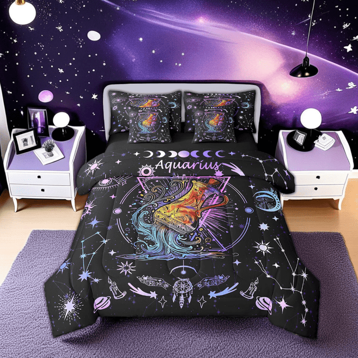 Erosebridal Hippie Aquarius Bedding Sets Twin Size, Trippy Astrology Comforter Sets with Sheets, Horoscope Constellations Bedroom Decor, Reversible 7-Piece