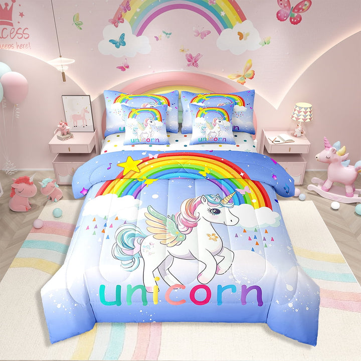 7 Pcs Comforter Set Twin Size,Cute Cartoon Unicorn Bed in a Bag with Flat Sheet and Fitted Sheet Teens Adult,Rainbow Unicorn Stars Glittery Bedding Set with Pillowcase and Sham