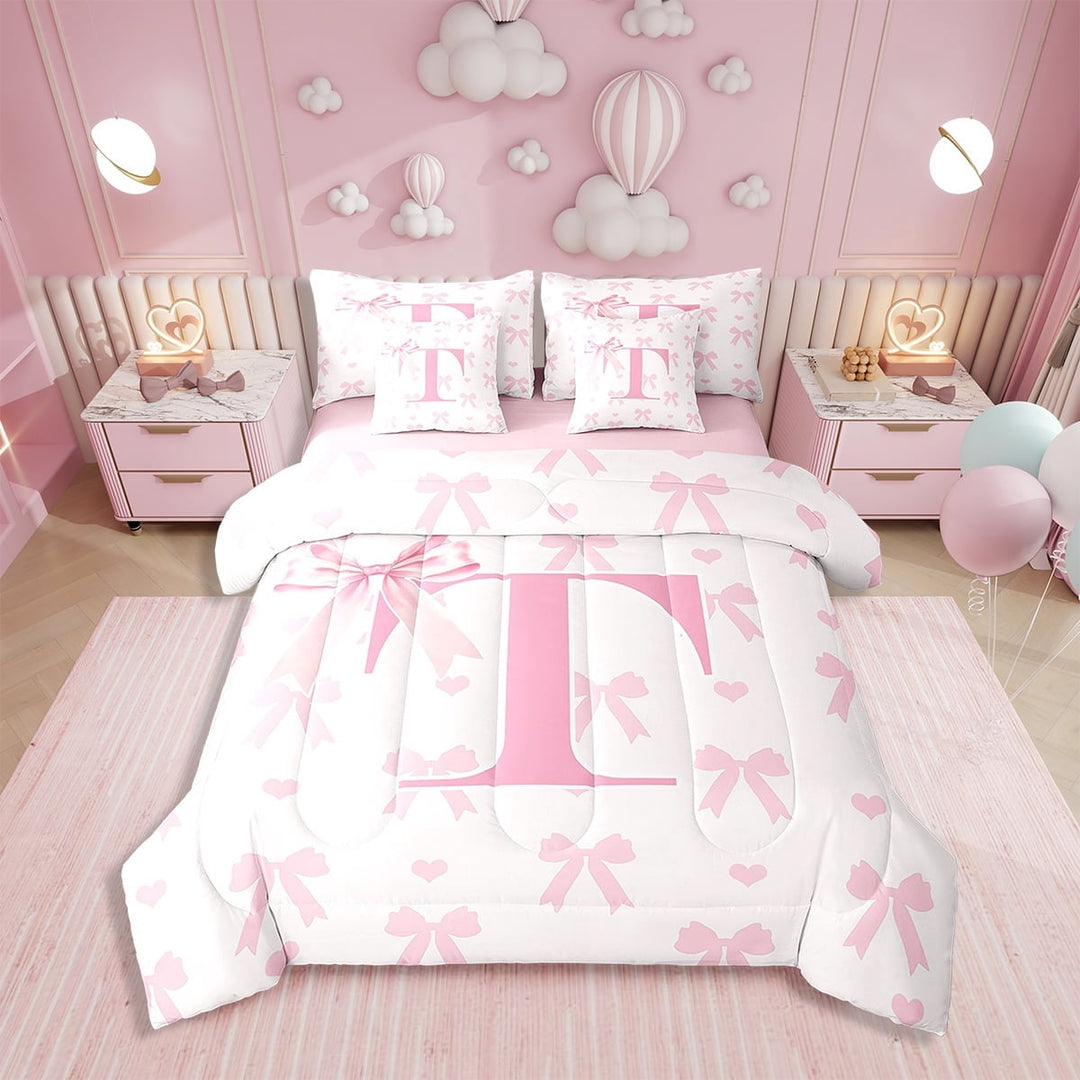 Initial Letter T 7 Pcs Comforter Set,Princess Style Pink Bowknot Girly Romantic Bedding Set,Dreamy Bow Love Hearts Pink Bed Set(Comforter+Fitted+Flat Sheet+Pillowcases+Pillow Covers),Full