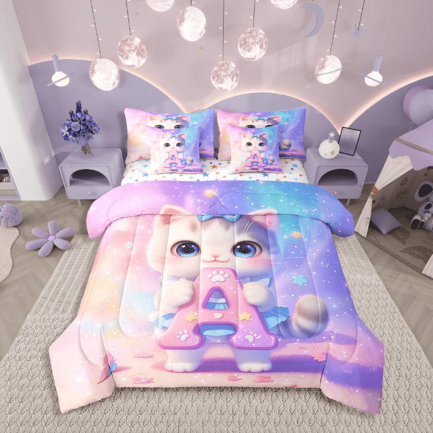 Erosebridal 7-Piece Kawaii Bow Cat Twin Bedding Sets For Girls,Personalized Initial A Bedding Comforter Set,Romantic Starry Sky Purple Sheet Sets