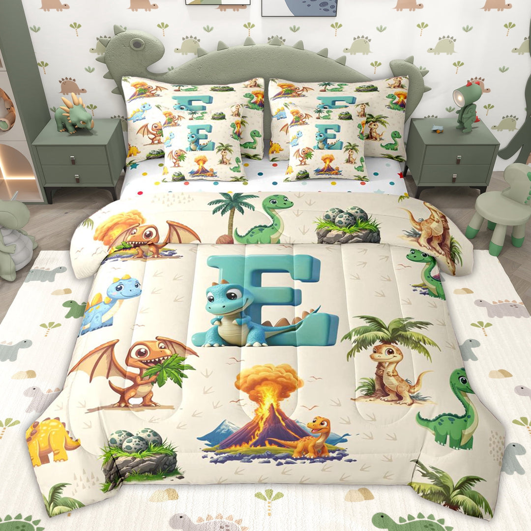 Erosebridal Blue Dinosaur Initial E Twin Bedding Sets for Kids Boys Girls, Jungle Dino Bedding Comforter Set, Polka Dots Reversible, 7pcs