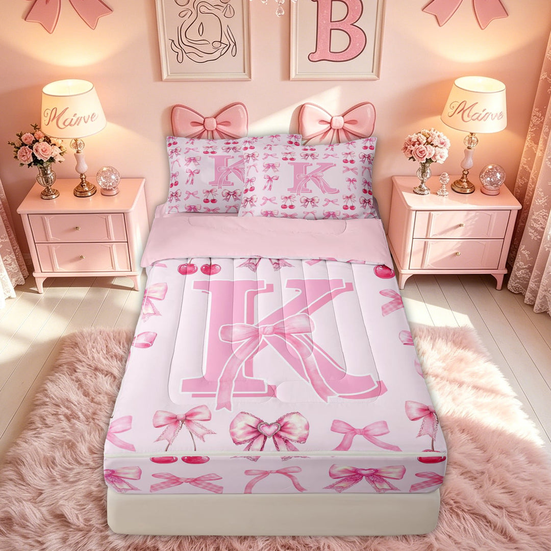 meiyoeat Cute Bow Letter K Zipper Comforter Set with Fitted Sheet and 2 Pillowcases for Girls, Bowknot Cherry Zipper Bedding Set for Bedroom, Pink, Pink Reversible, 3pcs