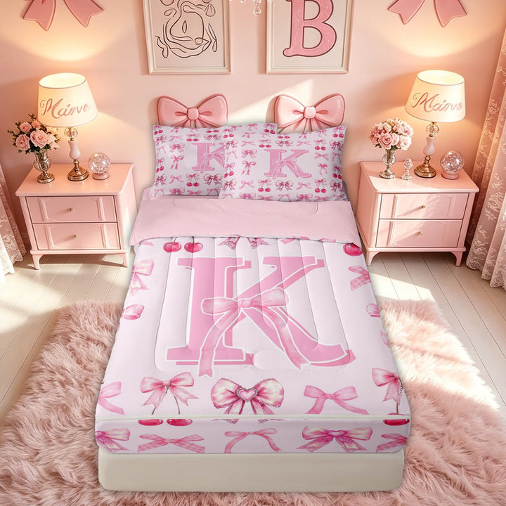 meiyoeat Cute Bow Letter K Zipper Comforter Set with Fitted Sheet and 2 Pillowcases for Girls, Bowknot Cherry Zipper Bedding Set for Bedroom, Pink, Pink Reversible, 3pcs
