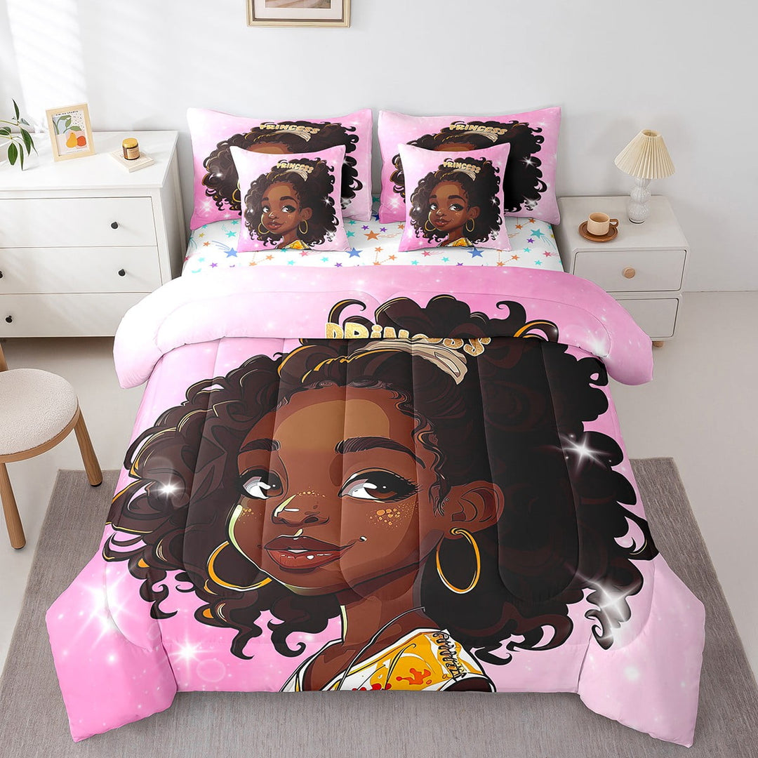 Black Princess Bedding Set American African Queen Size Comforter Set 7 Piece Glitter Pink Black Little Bed In A Bag Teen Reversible Colorful Stars Bed Set