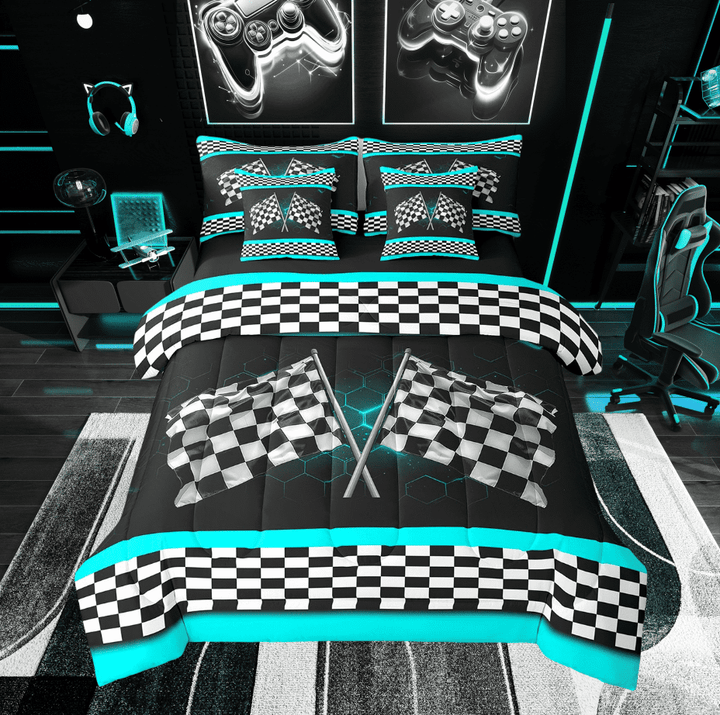 Erosebridal Flags Checkered Bedding Twin Size, Geometric Bedding Sets Twin Size, Race Car Decor, Reversible 7 Pieces