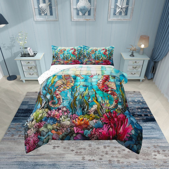 Erosebridal Teenager Seahorse Bedding Twin Comforter Set,Marine Animal Down Comforter,Ocean Theme Decor,Reversible,Lightweight,2-Piece