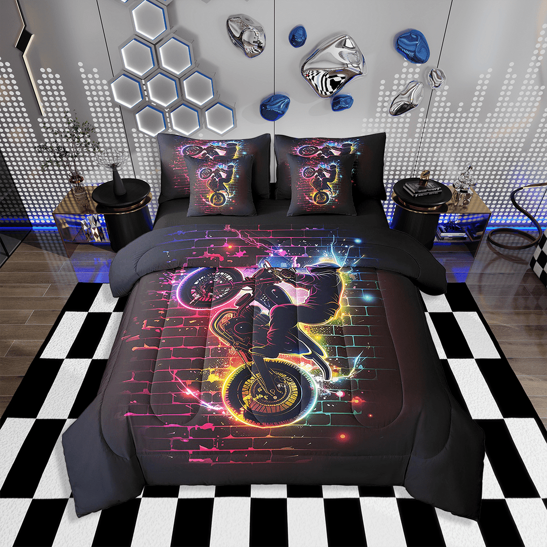 Racing Motorcycle 7 Piece Comforter Set Full Bed in a Bag,Motocross Rider,Motorbike Extreme Sports Bedding Sets Race Cars Sheet Set with Comforter Vehicles Dirt Bike Room Decor