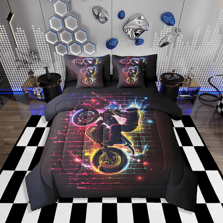 Racing Motorcycle 7 Piece Comforter Set Full Bed in a Bag,Motocross Rider,Motorbike Extreme Sports Bedding Sets Race Cars Sheet Set with Comforter Vehicles Dirt Bike Room Decor