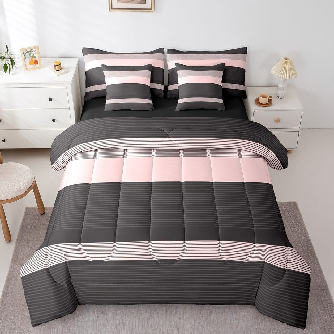 Erosebridal Black Stripes Bedding Sets Twin Size,Geometric Lines Comforter Sets with Sheets,Geometric Theme Bed in a Bag Twin size,Ultra Soft Abstract Room Decor,Reversible,7pcs