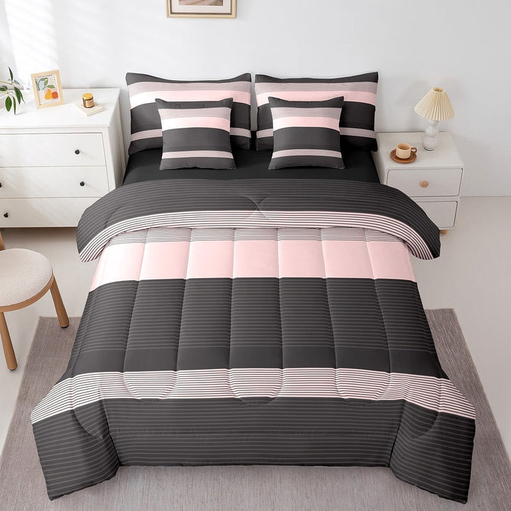 Erosebridal Black Stripes Bedding Sets Twin Size,Geometric Lines Comforter Sets with Sheets,Geometric Theme Bed in a Bag Twin size,Ultra Soft Abstract Room Decor,Reversible,7pcs