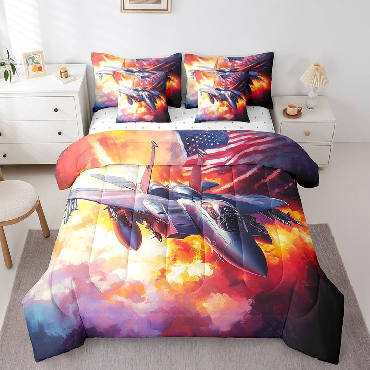 YST Fighter Aircraft Bed In A Bag With Sheets Flames Airplane Bedding Set Army Military Fighter Plane Queen Comforter Set 7 Piece For Kids Boys Adults,American Flag Fighter Bed Set