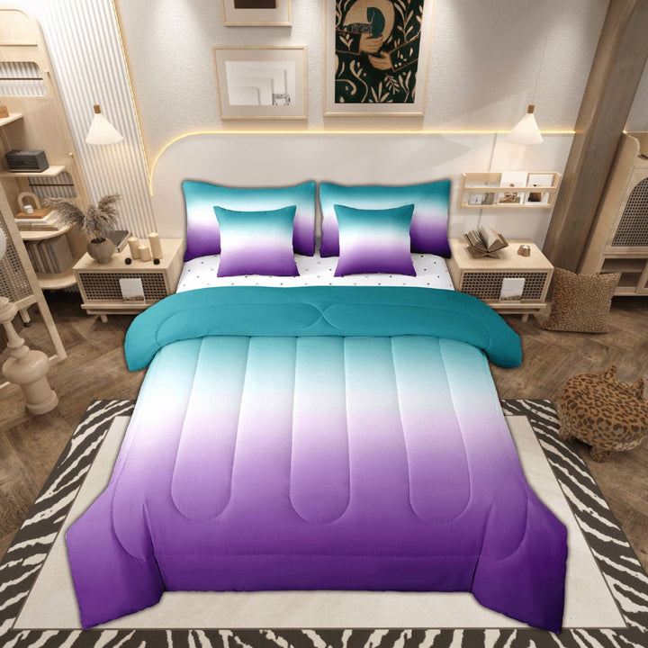 Ombre Comforter Set Green Purple Teal Bedding Set King Size Colorful Gradient Reversible Bed in a Bag 7 Pcs(1 Comforter,2 Pillowcases,1 Flat Sheet,1 Fitted Sheet,2 Throw Pillow Covers)