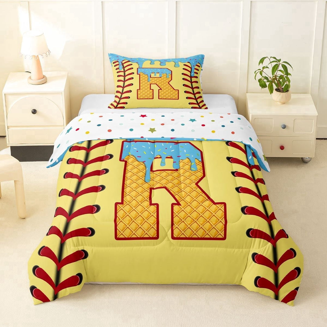 Erosebridal Light Blue Dripping Baseball Stitch &amp; Waffle Letter R Graphic Twin Comforter Sets 3-Piece, Alphabet Graphic Bedding Set for Boys And Girls Kids,Super Cozy Room Decor