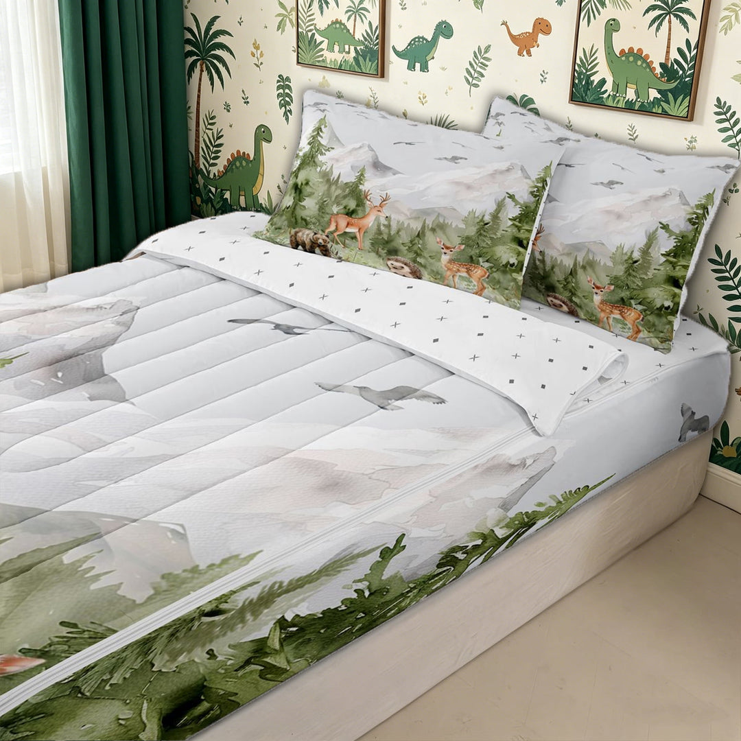 meiyoeat Giraffe Woodland Animal Zipper Full Size Comforter Sets with Fitted Sheet and 2 Pillowcases for Kids Boys, Nature Forest Wildlife Zipper Bedding Set, Green White, ReversibleB