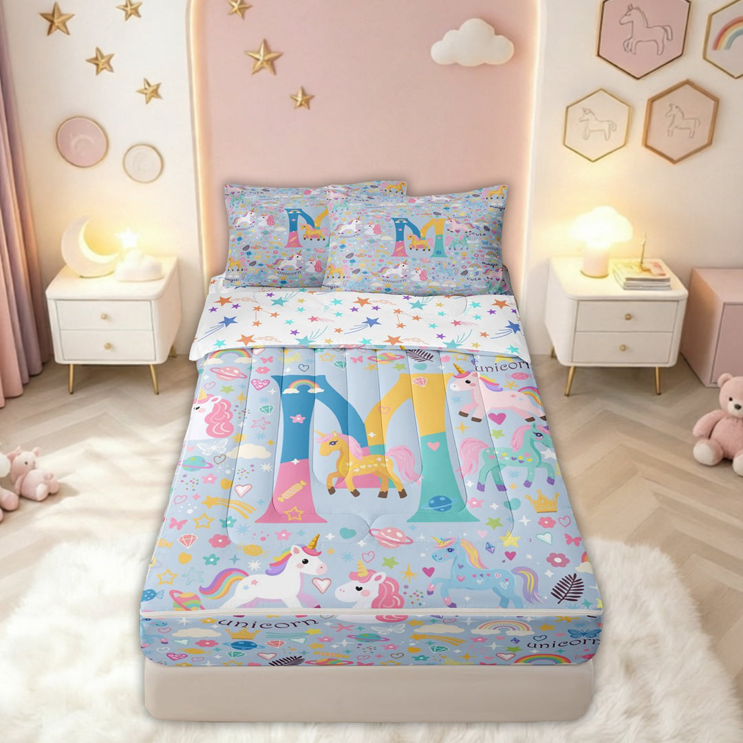 meiyoeat Cute Unicorn M Initial Zipper Comforter Set with Fitted Sheet and 2 Pillowcases for Kids, Cartoon Monogram Zipper Bedding Set, Blue Multicolor, Colorful Star Reversible, 3-Piece