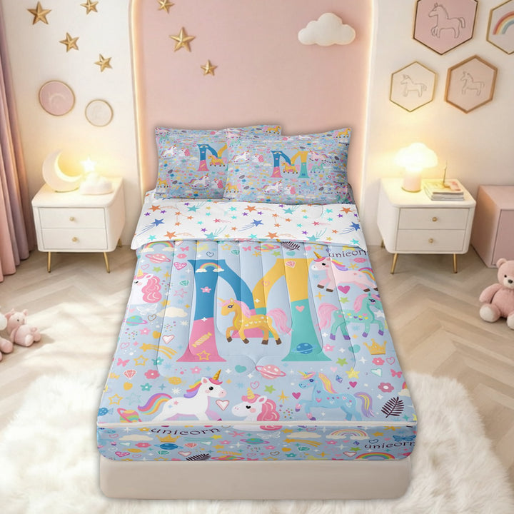 meiyoeat Cute Unicorn M Initial Zipper Comforter Set with Fitted Sheet and 2 Pillowcases for Kids, Cartoon Monogram Zipper Bedding Set, Blue Multicolor, Colorful Star Reversible, 3-Piece
