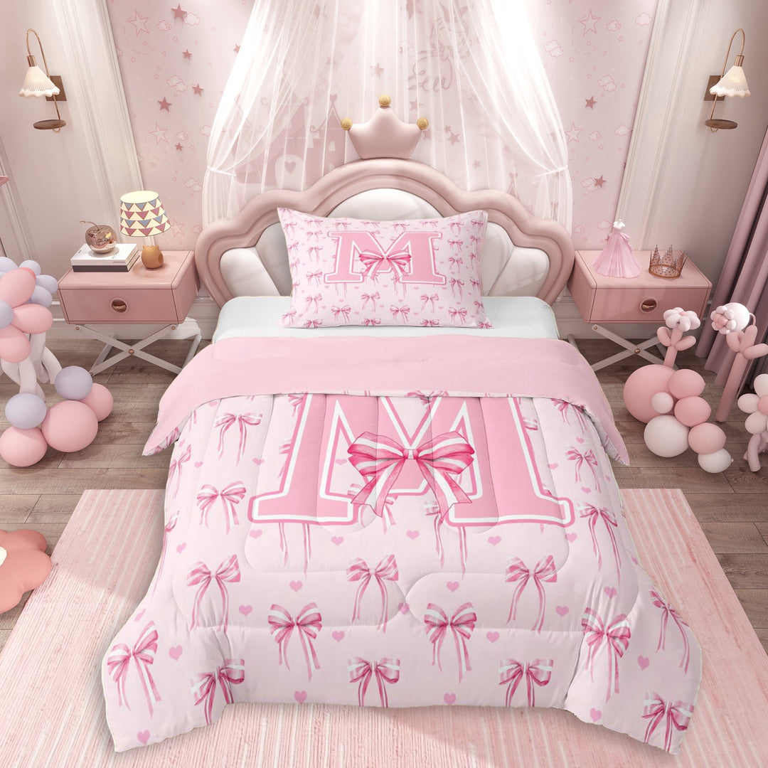 Erosebridal Girls Bow M Letter Monogrammed Twin Comforter Sets 3-Piece,Teens Dreamy Princess Initial Bow Tie Bedding Set,Pink Reversible