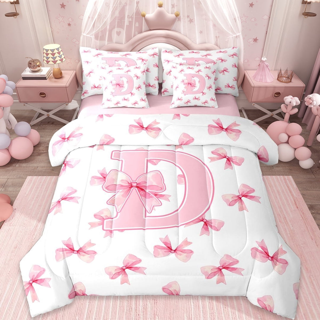 Erosebridal Girls Letter D Bow 7-Piece Twin Bedding Sets,Cute Bows Kawaii Bowtie Bedding Comforter Set For Girls Teens,Reversible