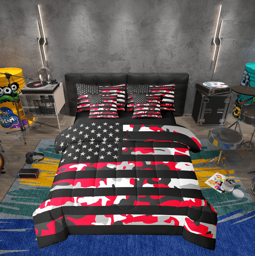 Erosebridal Red Camo Bedding Sets Twin Size, Vintage US Flag Comforter Sets with Sheets, Army Camouflage Decor, Reversible 7-Piece