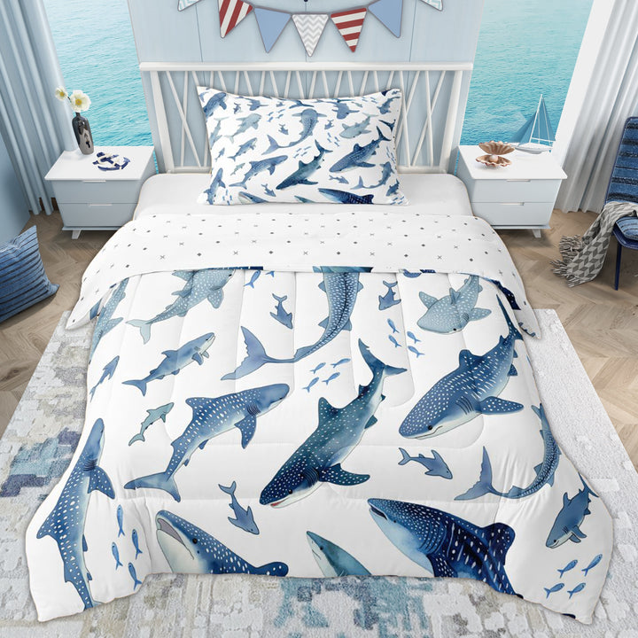 Erosebridal White Blue Shark Kid Twin Comforter Sets, Cartoon Animals Bedding Set, 2-Piece