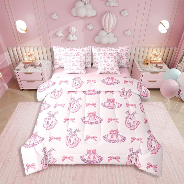 Erosebridal Pink Bowknots Comforter Set Twin Size 7 Pieces Comforters Cute Dancing Ballet Bedding Set Princess Style Bed Set Bed in a Bag with Comforter,Sheets,Pillowcases &amp; Cushion Covers