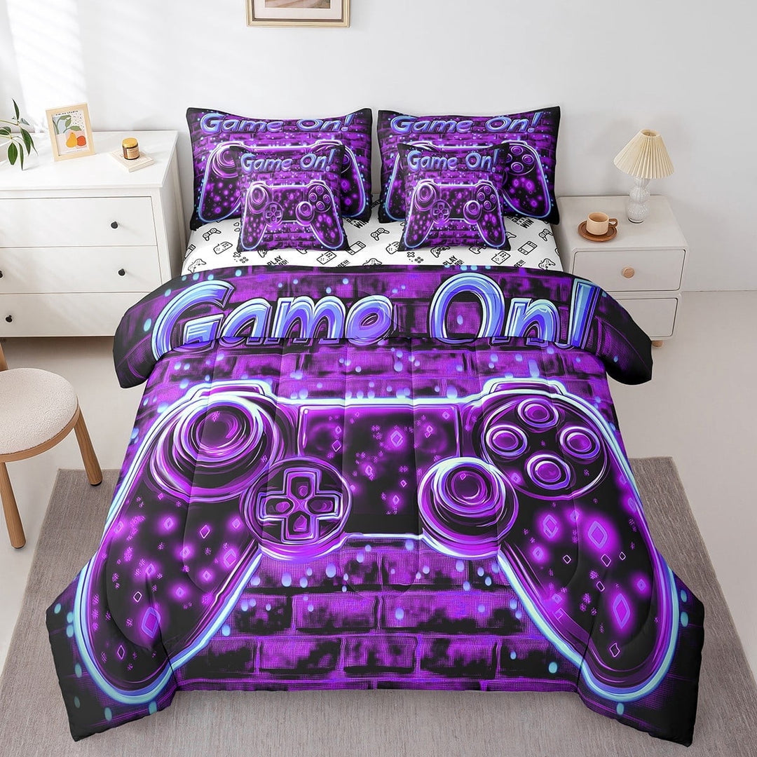 Gamepad Comforter Set Bed in a Bag 7 Pieces Twin,Dreamy Purple Gaming Bedding Set, Men Home Video Game (Comforter+Fitted+Flat Sheet+2 Pillowcases+2 Throw Pillow Covers)