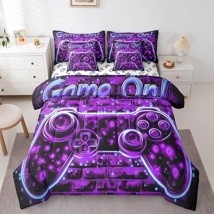 Gamepad Comforter Set Bed in a Bag 7 Pieces Twin,Dreamy Purple Gaming Bedding Set, Men Home Video Game (Comforter+Fitted+Flat Sheet+2 Pillowcases+2 Throw Pillow Covers)
