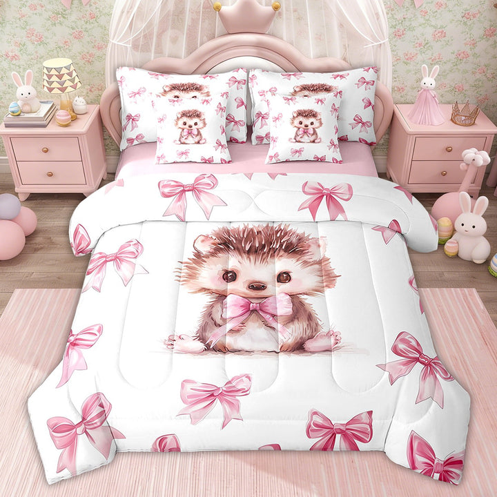 Erosebridal Cute Hedgehog Comforter Sets Twin Size, Kawaii Animal Bedding Set, Cartoon Bow Room Decor, Pink Reversible, 7pcs