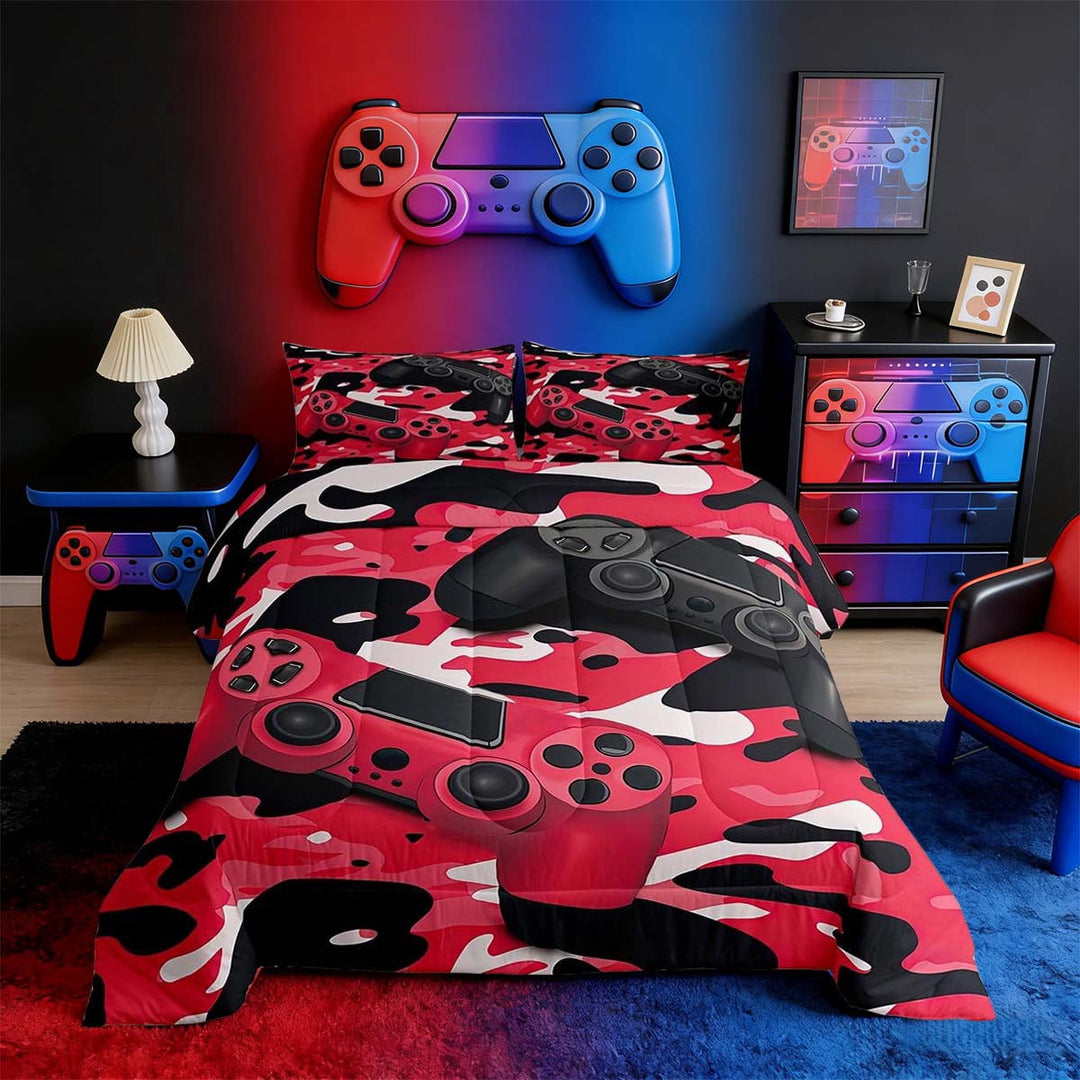 Gaming Full Size Comforter Sets - Gamer Comforter Full Size Bedding Set, Black and Red Camouflage Design Camo Gamer Room Decor