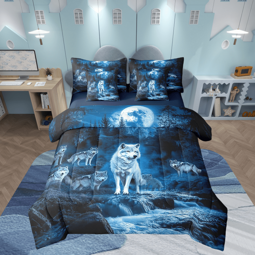 Erosebridal Wolf Twin Size Bedding Sets 7 Pieces Teen,Moon Lake Decor Flat Sheet Starry Sky Comforter Set Tribal Girls Animal Print Sheet Set Wolf With 2 Pillow Cases Blue Fitted Sheet
